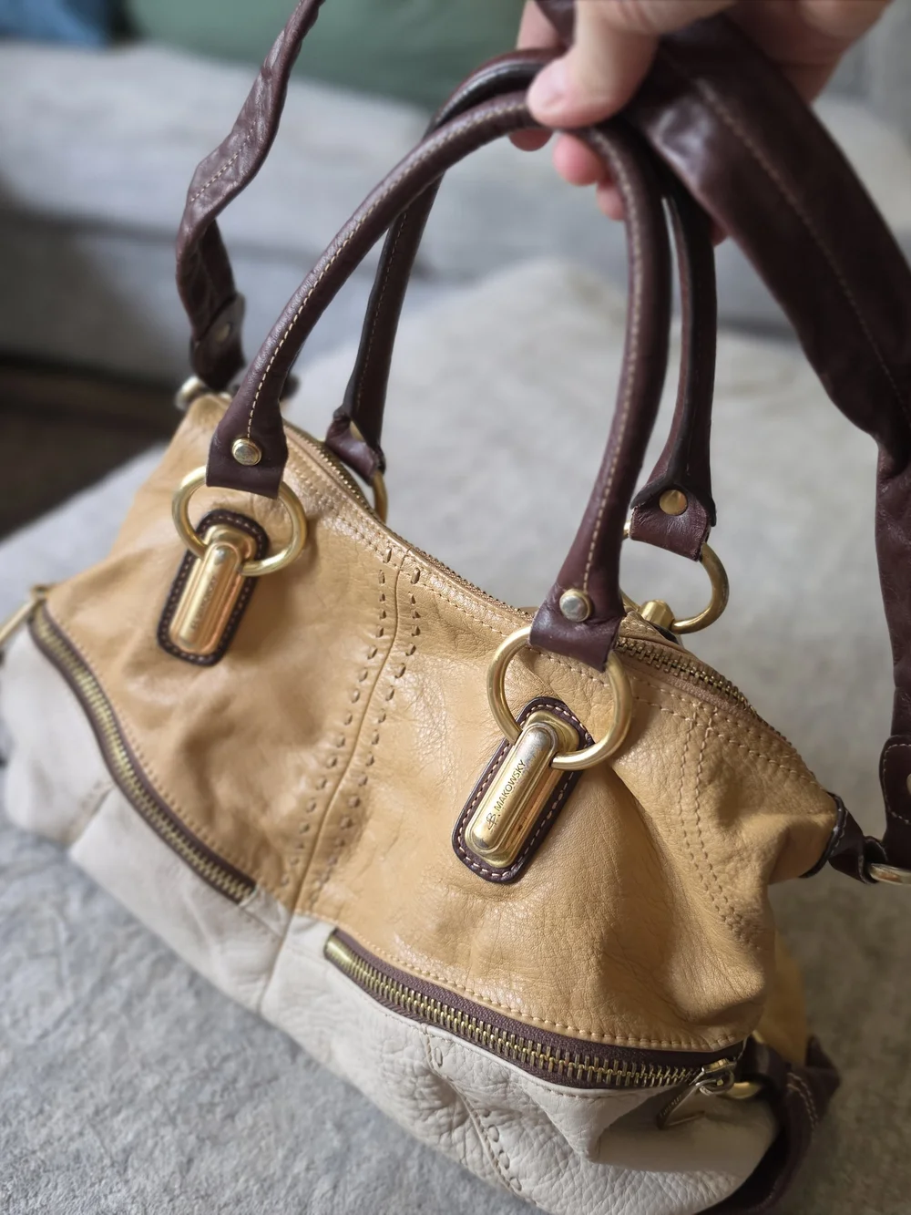 B. Makowsky Colorblock Leather Satchel cream, tan, brown Shoulder Bag